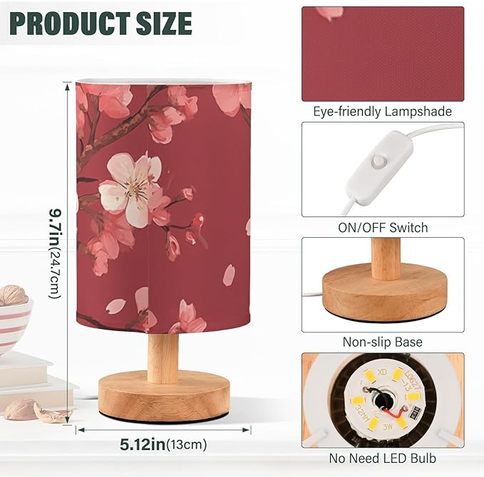 Red Cherry Blossom LED Table Lamp, Bedside Lamp with Linen Lampshade, Flicker-Free Eye Care USB Plug in Nightstand Lamp, for Bedroom and Office