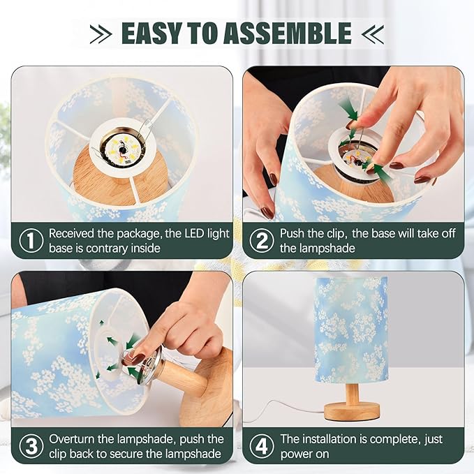 Blue Snowflake LED Table Lamp, Bedside Lamp with Linen Lampshade, Flicker-Free Eye Care USB Plug in Nightstand Lamp, for Bedroom and Office