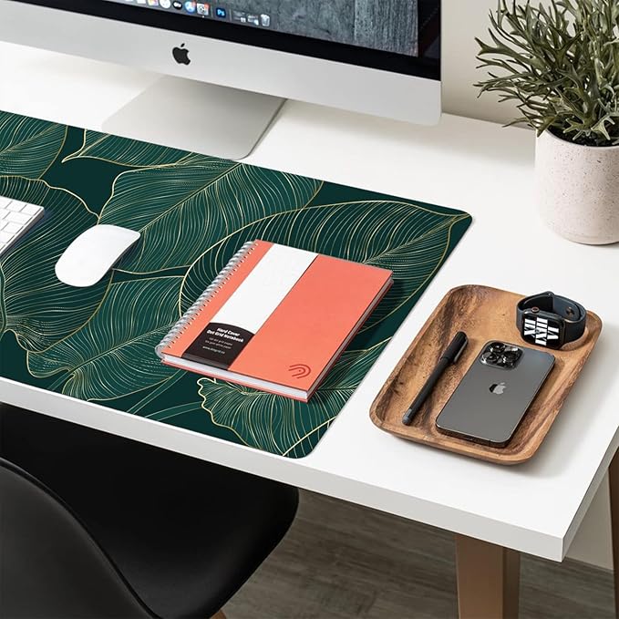 Desk Mat Large Protector Pad 27.5" ×13.8", Non-Slip PU Leather Desk Blotter, Waterproof Mouse Pad for Office Home Palm Leaves
