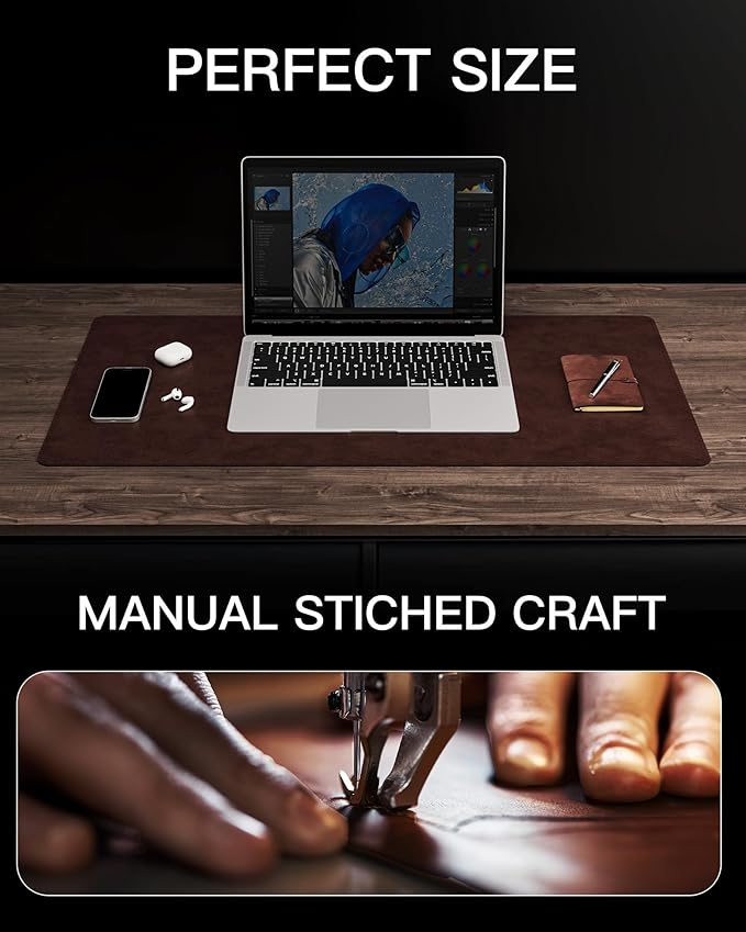 YSAGi Genuine Leather Desk Mat, 23.6"x13.8" Office Desk Pad, Thick Desk Pad Mat with Stitched Line, Non-Slip Desk Mat with Rubber Base (Dark Brown, 23.6"x13.8")