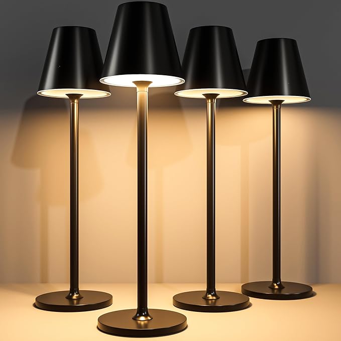 4-Pack Cordless Table Lamps - 5000mAh Rechargeable Battery Operated Desk Lamp, 3-Level Dimmable LED Night Light for Bedroom, Dining, Restaurant - Metal Design(Black 4pack)