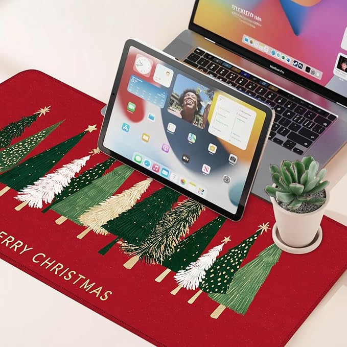 Desk Mat, XXL Extended Gaming Pad for Desktop, 31x12 Inches Trees on Red Background, Large Non-Slip Vegan Leather Surface with Stitched Edges, Keyboard Mouse Mat for Home Office