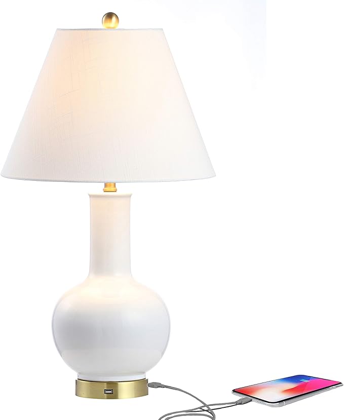 JONATHAN Y 27" White Ceramic and Brass Gold Gourd LED Table Lamp with USB Charging Port, Contemporary Bedside Lamp for Bedroom Living Room, Linen Shade, LED Bulb Included JYL6600A