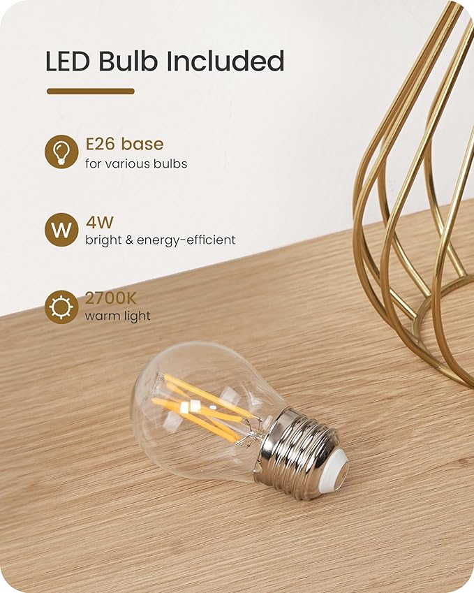 Gold Table Lamp, 12.6'' Small Table Lamp with Beige Linen Lampshade & Gold Cage Base, Modern Little Cute Desk Lamp, Bedside Lamp for Bedroom, Living Room, 2700K LED Bulb Included, DE06TL05