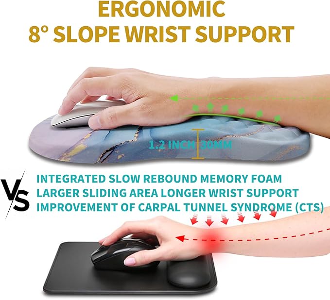 Hokafenle Ergonomic Mouse Pad Wrist Support, Wrist Rest Mousepad for Carpal Tunnel with Integrated Memory Foam Slope Massage Bulge (11.8x7.9 inch,Blue Marble)