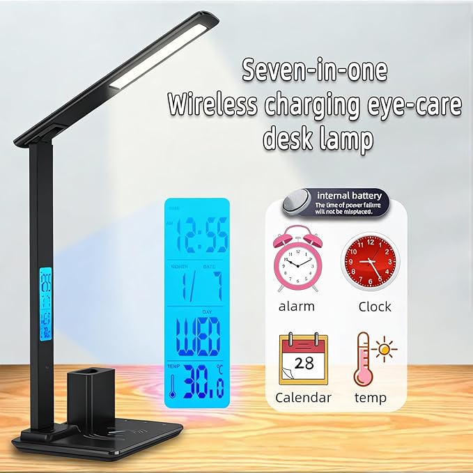 Multi-Function Desk Lamp with Display&15W Wireless Charger,3 Color Temperatures,Touch Control,Foldable Design,Built-in Clock,Calendar,Thermometer,Alarm,HYT1771 Black.