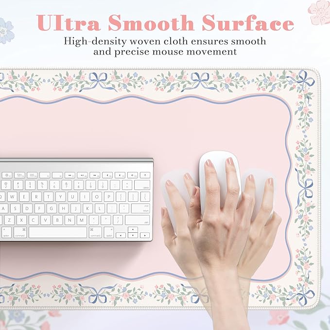 HAOCOO Cute Floral Desk Matt for Desktop, Pink Bow Computer Desk Mat, Non-Slip Waterproof XXL Mouse Pad for Desk, Gaming & Office, Desk Pad Mat for Women Office Aesthetics