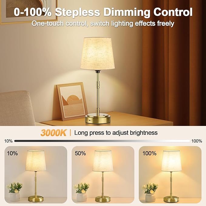 Cordless Table Lamps Set of 2 – Battery Operated Lamp with 7500mAh Rechargeable Battery, Stepless Dimmable Brushed Gold Lamps with Beige Shade, Wireless Lamps for Dining Room(Bulbs Included)