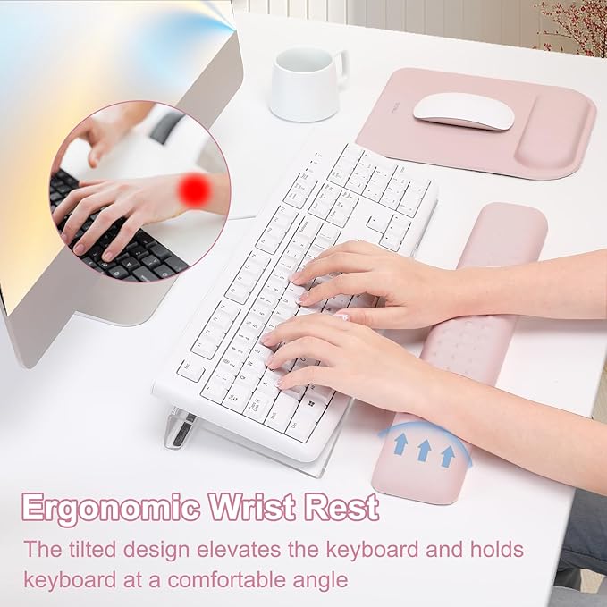 MOSISO Computer Keyboard Stand&Wrist Rest Support for Keyboard &Mouse Pad Set, Ergonomic Massage Wrist Rest Set, Easy Typing Working Acrylic Clear Stand for Office Home, Pink