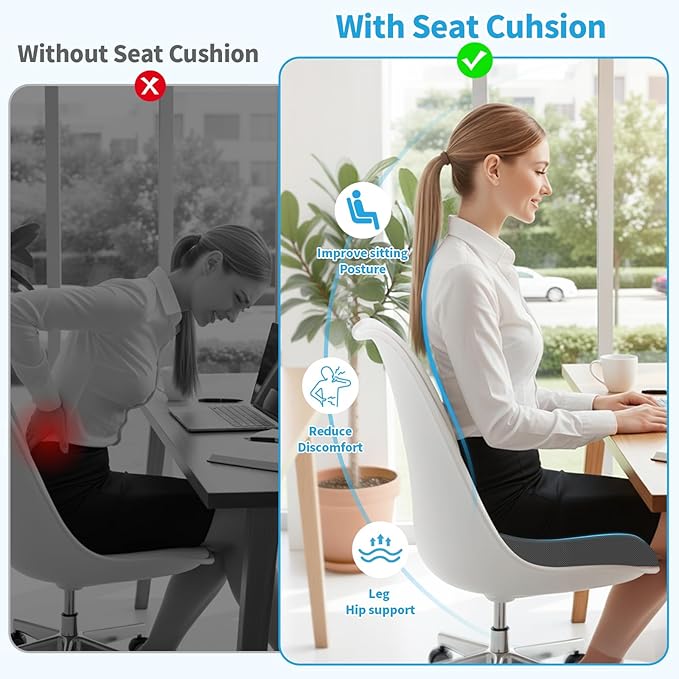 TranquilRelax Large Seat Cushion，Soft Foam Cushion for Long Sitting Hours on Office Chair, Home & Car, Non-Slip Chair Pad for Relieving Back & Sciatica & Hip & Coccyx Pain (Grey)