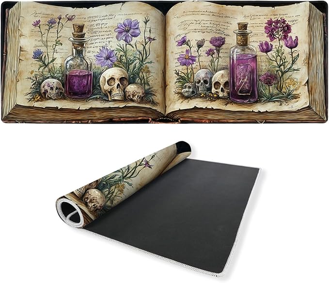 Bookshelf Desk Mat Gaming Mouse Pad Mystic Plants Dark Grimoire Magic Skull Mousepad for Keyboard and Mouse Extra Large Full Desk Computer Pads 31.5 x 11.8 Mouse Pads for Desk Home Office Gaming