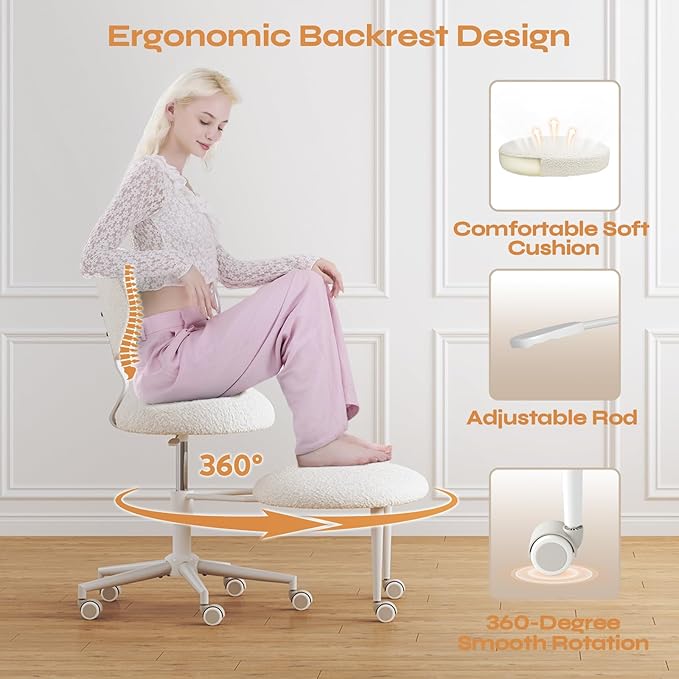 Ergonomic Cross Legged Office Chair with Wheels, Focus-Friendly Chair for Adults, Meditation Chair, Yoga Office Chair, Comfortable Lumbar Support, Height Adjustable, Small Spaces, Teddy Fabric, White