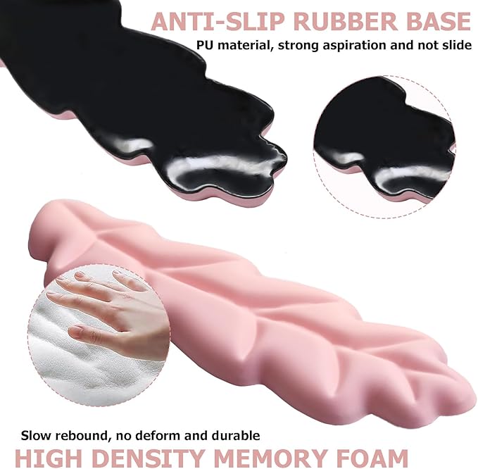 Ergonomic Keyboard Wrist Rest, Leaf Shape PU Leather Memory Foam Wrist Support for Computer Keyboard, Keyboard Pad and Cute Mouse Wrist Pad for Gaming,Office, Computer, Typing, Pastel Pink