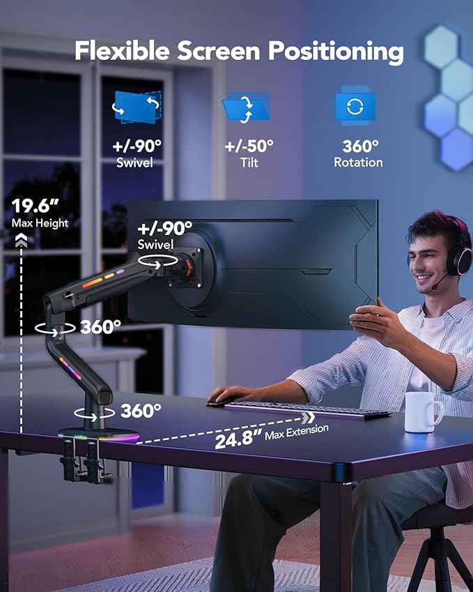 HUANUO TitanLift Monitor Arm for Ultrawide Screens up to 49″, Heavy-Duty Single Mount Holds 44 lbs, Fully Adjustable Gaming Monitor Arm with C-Clamp & Grommet Base, Max VESA 100 x 100mm, RGB
