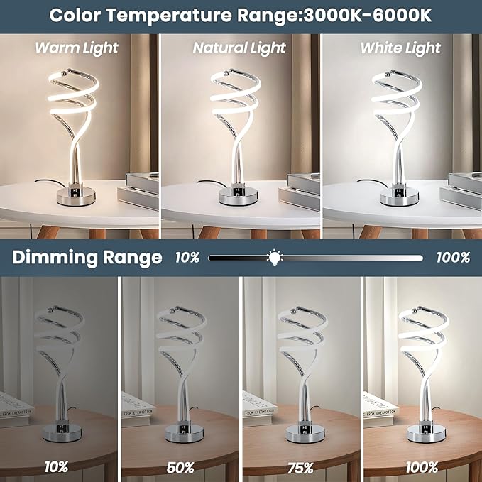 ElDISUNY Modern LED Table Lamp, 3 Color Temperatures,Touch Control CurveDimmable Bedside Table Lamps with USB Ports, Touch Control LED NightstandLamp, Desk Lamp for Living Room, Bedroom -Silver