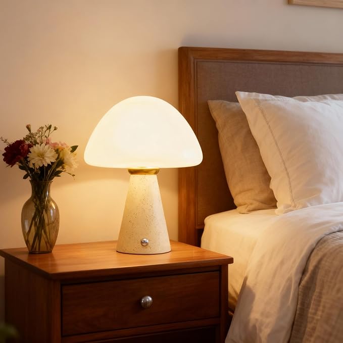 10.2 inch Mushroom Lamp, Cute Cordless Rechargeable Table Lamp with Glass Shade, 3 Color Temps LED Dimmable Ambient Lighting, Small Retro Touch Bedside Light for Decor, Resin Base.