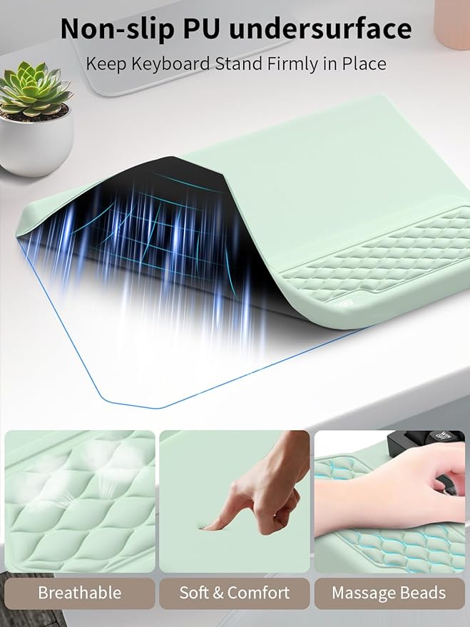 3-in-1 Ergonomic Keyboard Stand with Wrist Rest & Mouse Pad Set, Comfy Keyboard Riser Holder Soft Mousepad with Massage Design, Memory Foam and Non-Slip PU Base for Wrist Support, Light Green