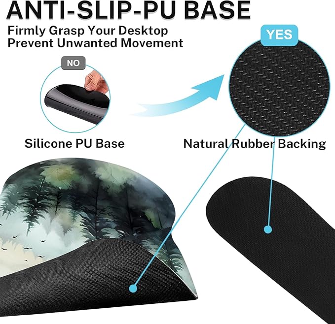 Britimes Green Ink Style Mountain Forest Ergonomic Mouse Pad Set with Wrist Rest Non-Slip Rubber Base Wrist Cushion Support and Coasters Mousepad with Wrist Support for Computer Keyboard and Desk