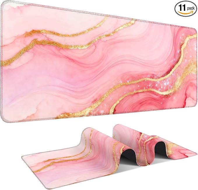 Pink Marble Extended Gaming Mouse Pad 31.5x11.8inches Large Desk Mat Anti-Slip Rubber Base & Durable Stitched Edges for Gamers Smooth Mouse Writing Surface for Desk Office/Home