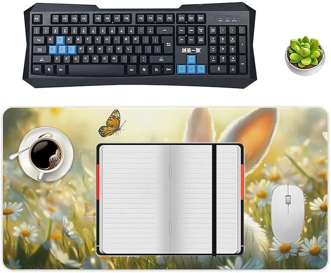 Large Ergonomic Gaming Mouse Pad Baby Bunny in Daisy Field - Sweet Rabbit Theme with Non-Slip Base Water-Resistant Surface and Stitched Edges 30x60cm