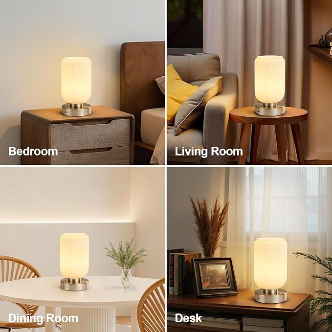 Cordless Table Lamp for Bedroom, 7500mAh Rechargeable Small Battery Lamp, Modern Touch Dimmable Wireless Lamp Brushed Nickel Base White Glass Shade for Living Room, Desk, Led Bulb Included