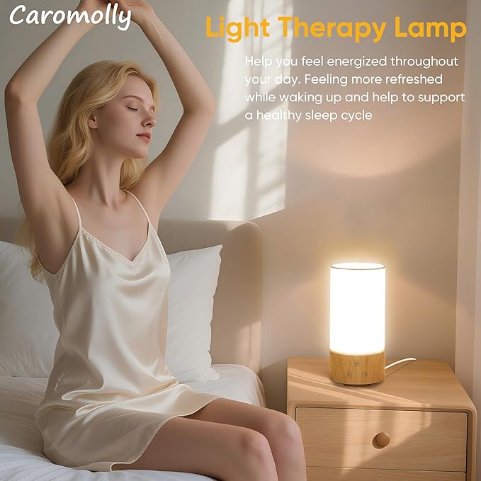 Light Therapy Lamp, Happy Lamp 10,000 LUX UV Free with 3 Color Temperature & 5 Brightness Level, Full Spectrum Light Wood Base Round Flaxen Fabric Shade for Home, Office, 4" × 8.4”