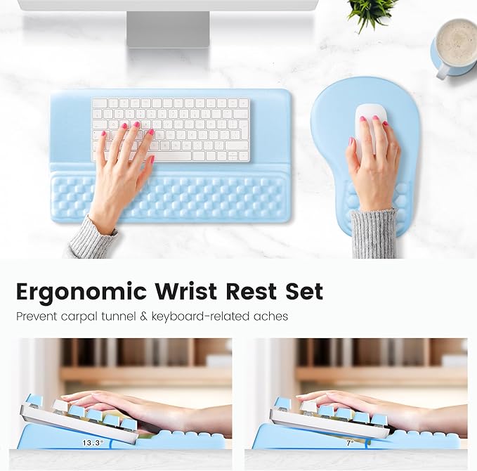 Ospelelf Keyboard Wrist Rest and Mouse Pad Set, Ergonomic Memory Foam Wrist Support, Aesthetic Desk Accessories for Office, Home & Gaming, Wrist Comfort Support, Blue