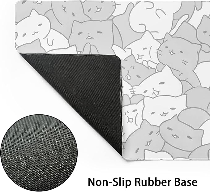 aportt Kawaii Cats White Gaming Mouse Pad XXL Cute Kittens Japanese Extended Big Large Desk Mat Non-Slip Rubber Base Stitched Edge Long Keyboard Mousepad for PC Computer Laptop, 35.4×15.7 Inches