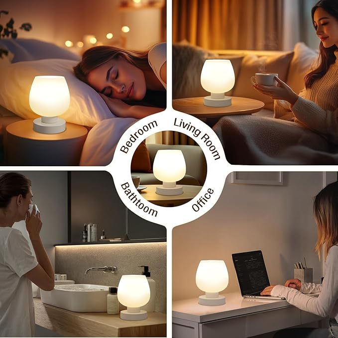 Seealle Cordless Touch Table Lamp for Nightstand - Small Bedside Lamp for Bedroom Night Stands, Desk Lamp with White Glass Shade for Small Spaces Living Room, Stepless Dimmable, LED Bulbs, Gifts