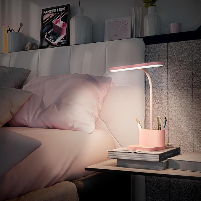 AXX Pink Desk Lamp for Home Office, Cute Table Lights for Bedrooms, Kawaii, Dimmable LED, Flexible Gooseneck, Pen Holder, Touch Control, Room College Dorm Essentials for Teen Girls Kids