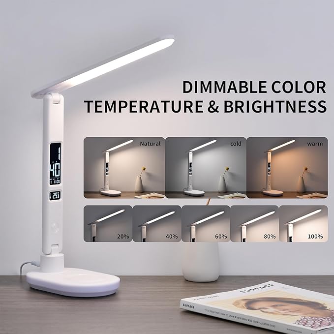 LED Desk Lamp with 10W QI Wireless Charging, Flexo Table Lamp with 3 Colors and 5 Brightness Levels with Charging Function,USB,Clock,Temperature,LCD,Date,Touch Control. (White)