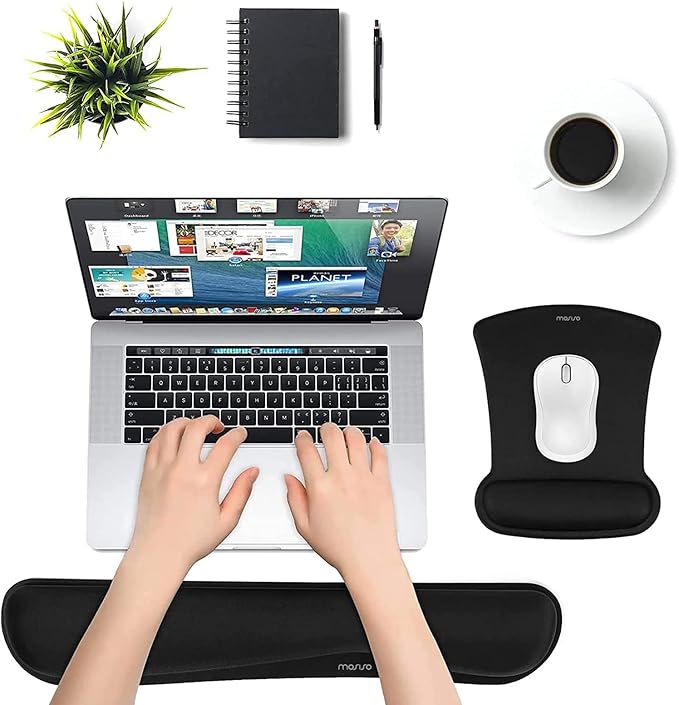 MOSISO Wrist Rest Support for Mouse Pad & Keyboard Set, Ergonomic Mousepad Non-Slip Base Home/Office Easy Typing Cushion with Neoprene Cloth & Raised Memory Foam, Black