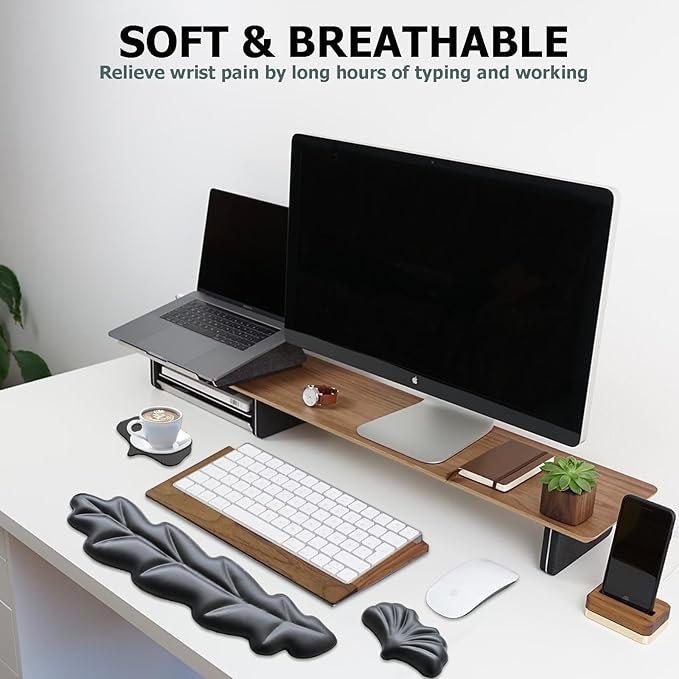 Ergonomic Keyboard Wrist Rest, Leaf Shape PU Leather Memory Foam Wrist Support for Computer Keyboard, Keyboard Pad and Cute Mouse Wrist Pad for Gaming,Office, Computer, Typing, Black