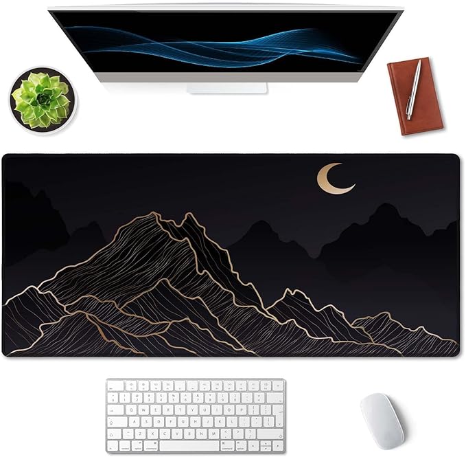 SSOIU Mountain & Moon Landscape Black Desk Mat, Boho & Gaming Mouse Pad, XXL 35.5" X 15.7", Waterproof With Stitched Edges