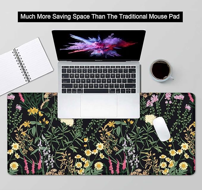 Botanical Colorful Flowers Gaming Desk Mat, Blooming Herb Floral Plants XXL Large Mouse Pad, Computer Mat for Desk, Accessory Decor Gift - 35.4 x 15.7 Inch, Vintage Flowers Black