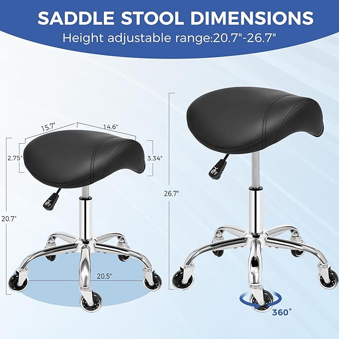 ANWBROAD Saddle Stool with Wheels Ergonomic Swivel Adjustable Rolling Stool with PU Leather Thick Wide Saddle Seat Padding Comfortable Rolling Saddle Chair for Salon Massage Clinic Black UWSS001B