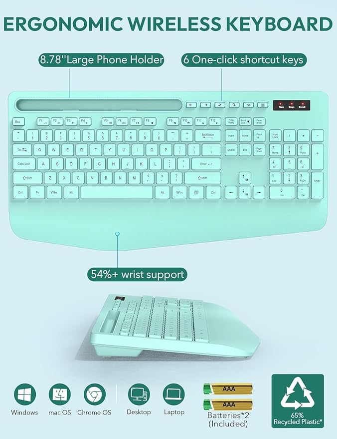 SABLUTE Wireless Keyboard and Mouse, Wrist Rest, Phone Holder, 2.4G Lag-Free Ergonomic Keyboards Mouse Combo, KM23D Silent Keyboards Set for PC, Laptop, Windows, Mint Green