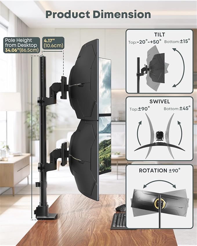Dual Monitor-Arm Ultrawide Heavy Duty - 24-57 inch Vertical Dual Monitor Mount, Adjustable Stacked Double Monitor Desk Mount Stand, Max Load 59.4 lbs (per Screen), VESA 75 100 mm, Black