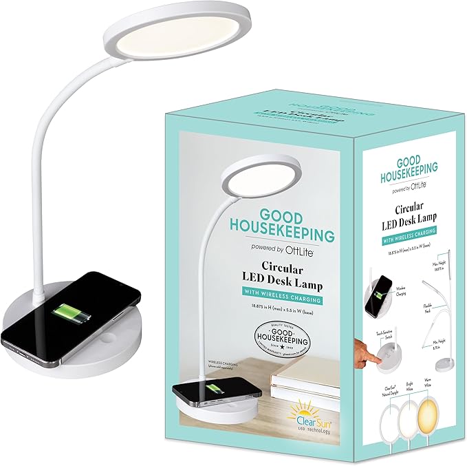 OttLite Good Housekeeping Circular LED Desk Lamp with Wireless Charging - Adjustable Neck Desk Lamp for College Dorm Room, Crafting, Reading, 3 Color Modes, Eye-Friendly Lighting