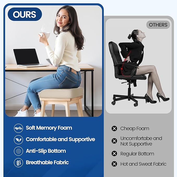 Seat Cushion for Tailbone Pain Relief, Office Chair Cushion, Memory Foam Large Chair Cushion with Non-Slip Cover for Soft Support at Office Chair, Car Seat, Airplane Beige/Large