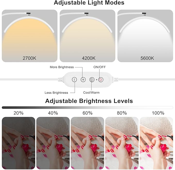 Professional Half Moon LED Desk Light for Nail Techs & Artists – Flexible Gooseneck Lamp with Clamp, 3 Color Modes & 5 Brightness Levels for Manicure, Tattoo, Beauty Work