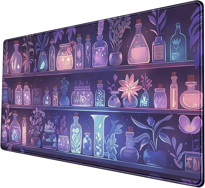 Witchy Purple Pink Blue Glowing Herbs Desk Mat,Enchanted Botanical Plants Shelf Large Mouse Pad- XL Mystical Desk Pad for Gaming, Office, Dorm-Fantasy Aesthetic Gift- Magic Home Decor 31.5" x 15.7"