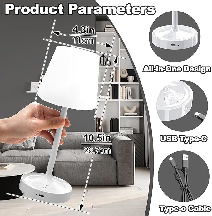 Small Shower Lamp Waterproof: Table Lamp with 4000mAH Battery - Rechargeable 3 Dimmable Cordless LED Lamp for Desk Bedroom Living Room Bathroom - White Touch Light for Parents Kids
