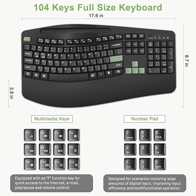 Wireless Keyboard and Mouse Combo, 2.4G Full Size Wave Keys Ergonomic Keyboard with Wrist Rest, Phone Holder, 3-Level DPI Wireless Silent Mouse with 6-Buttons, for Windows (Avocado Green and Black)