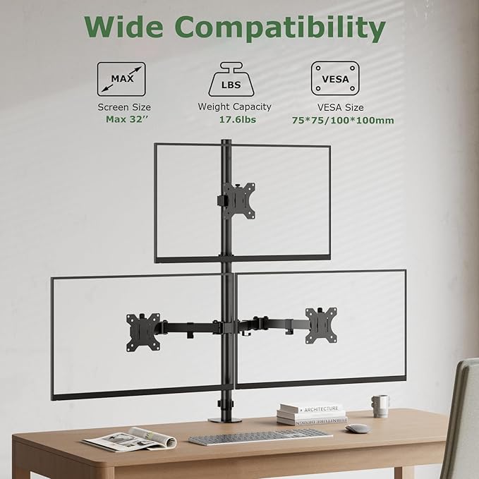 3 Monitor Desk Mount for 17 to 32 inch Screens, Fully Adjustable Triple Monitor Stand with Tilt,Swivel,Rotate, Each Arm Holds up 17.6 lbs,VESA Mount 75x75/100x100mm, Clamp & Grommet Kit