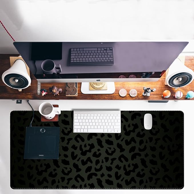 Extended Large Computer Gaming Mouse Pad Desk Mat(31.5×15.7 in),Desk Pad with Non-Slip Base Stitched Edges,Suitable for Work Office Large Gaming Mouse Pad Desktop Pad-Black Leopard Cheetah