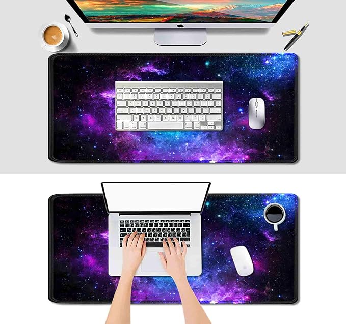 IMAYONDIA Blue Purple Galaxy Nebula Desk Mat (35.4x15.7 in), Space Gaming Large Mouse Pad XL, Non-Slip Rubber Base Big Mousepad, Desk Pad for Desktop, Computer Accessories, Abstract Glowing Universe