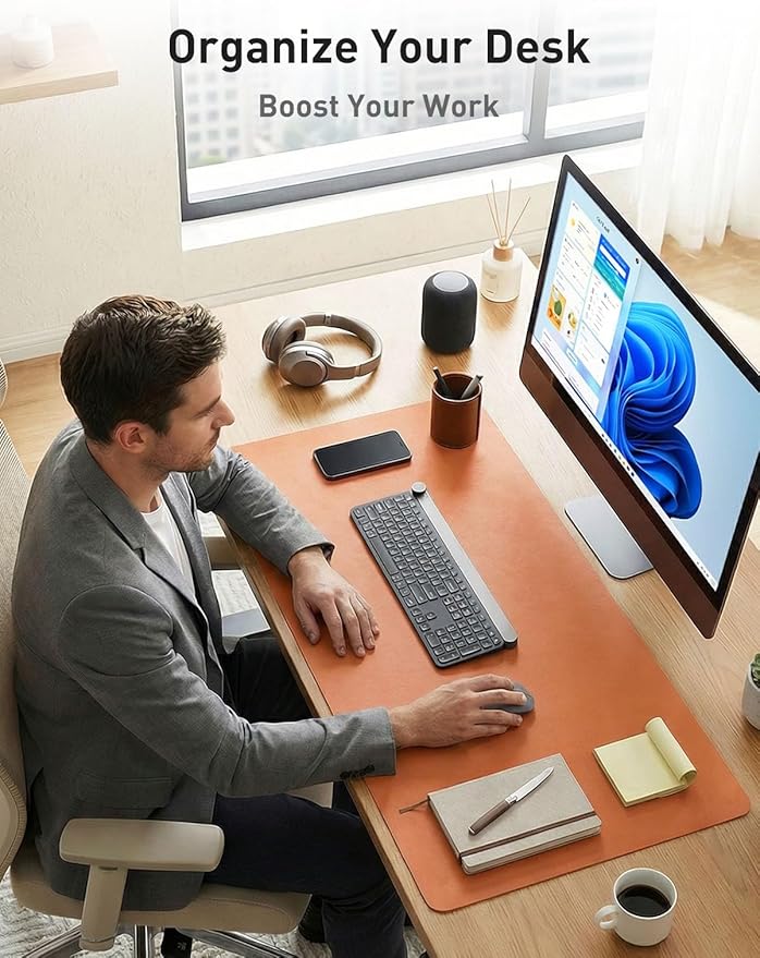 Aothia Faux Leather Desk Mat - Non-Slip PU Leather Desk Blotter, Waterproof Writing Surface, Large Desk Pad for Office & Home (Orange, 55" x 24")