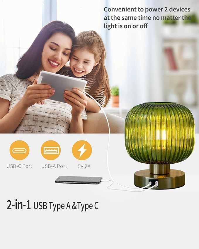 Touch Control Small Table Lamp Set of 2, Elegant Green Glass Bedside Lamp 3 Way Dimmable with USB C+A Charging Ports - Bedroom Nightstand & Living Room Essential, 4W Bulb Included