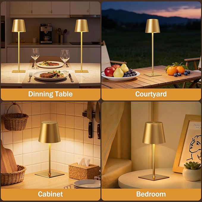 Gold Cordless Rechargeable Table Lamp, 2 Pack Portable Desk Lamp with 5000mAh Battery, Touch Control Stepless Dimming, Wireless Night Light for Dining, Outdoor Camping, Coffee Shop, Waterproof Design